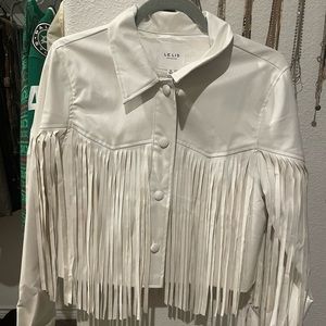 White faux leather fringe jacket!